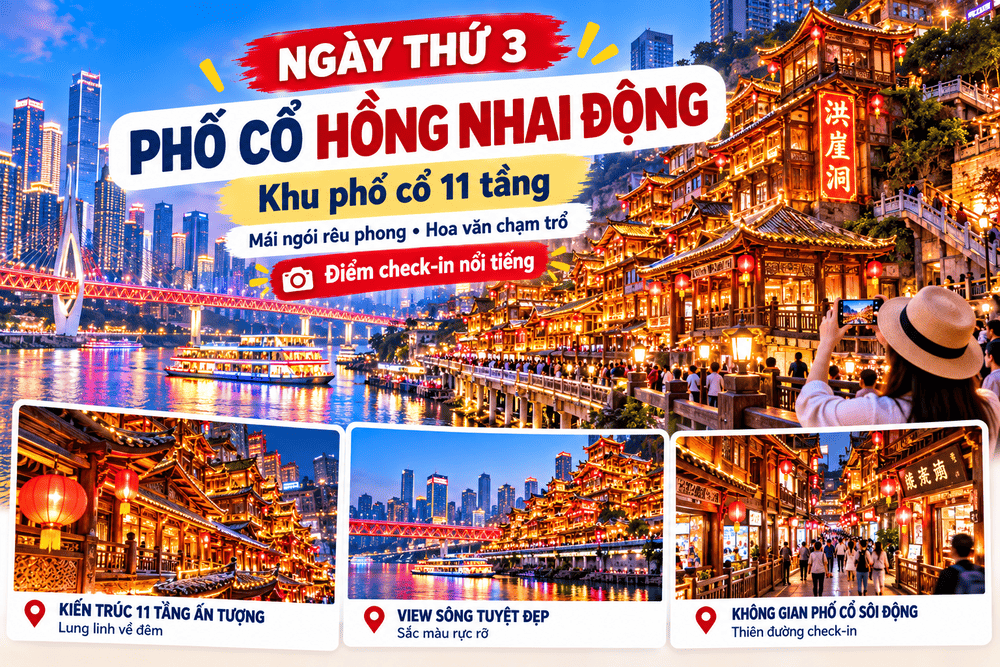Phố cổ Hồng Nhai Động Trùng Khánh – Điểm check-in nổi tiếng trong tour 6N5Đ